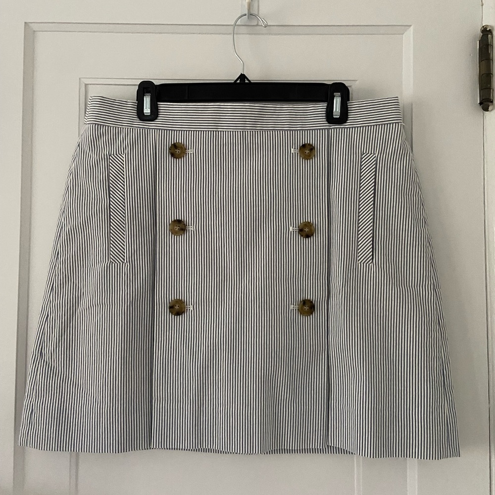 J. Crew blue and white stripe seersucker mini skirt, size 14